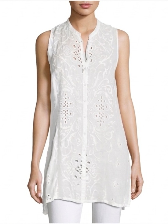 Johnny Was Tops - Johnny Was White Wirey Vine Georgette Sleeveless Embroidered Button-Front tunic